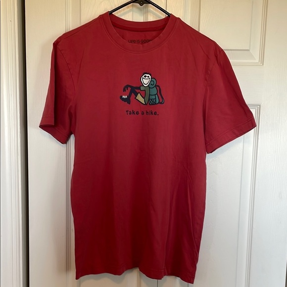 Life is Good sz M Red Graphic T-Shirt with “Take a Hike” man & backpack motif - Picture 2 of 8